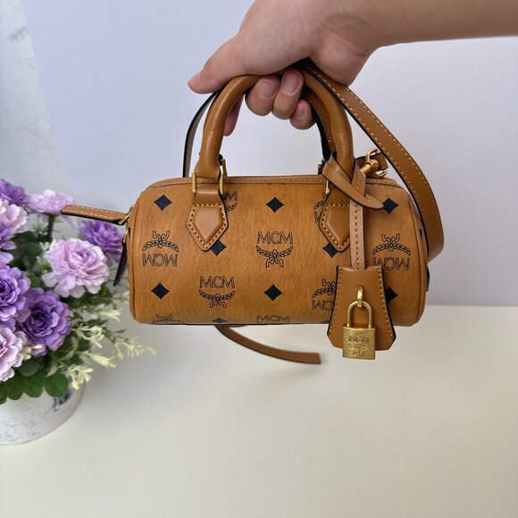 MCM Handbags - MCM Brown Classic Printed Mini Boston Bag